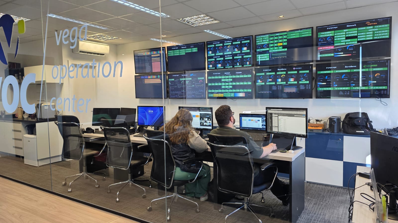 Analistas do VOC monitorando dashboards de rede e servidores